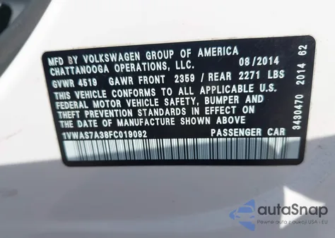 2015 Volkswagen Passat 1.8T Wolfsburg Edition from USA, damaged, VIN 1VWAS7A38FC019092